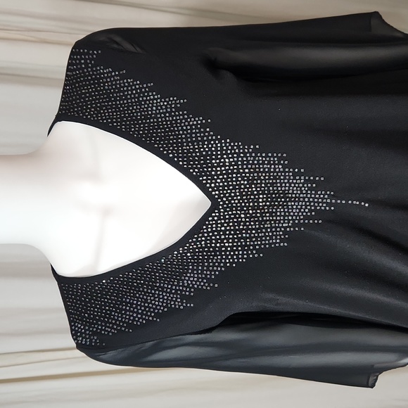 $5☃️Alfani Black Bead Accent Vneck Sheer Sleeves S Flouncy Elastic Waist Hem - Picture 4 of 14